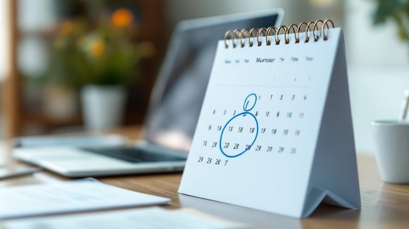 Kalender auf einem Schreibtisch mit markiertem Datum und Laptop im Hintergrund