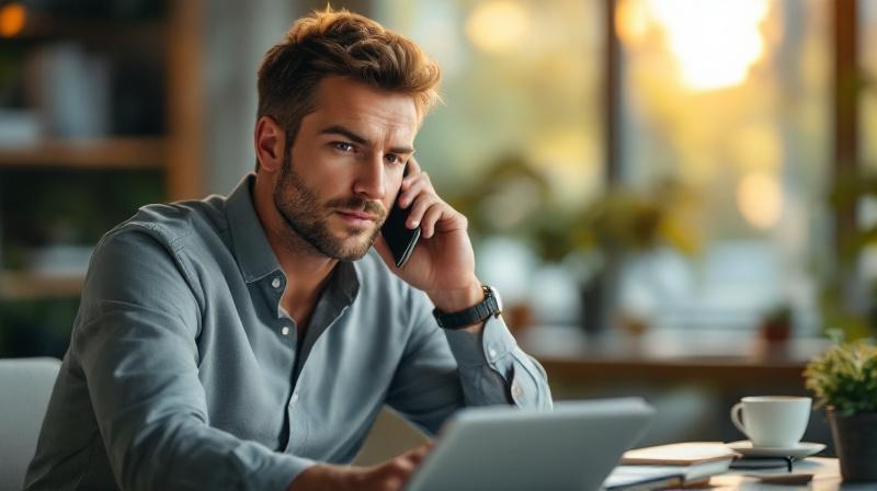 Mann telefoniert konzentriert mit einem Notizblock vor sich und meldet sich arbeitssuchend