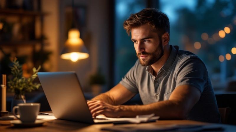 Mann im späten Dreißig studiert abends am Küchentisch Unterlagen über Aufstiegsförderung