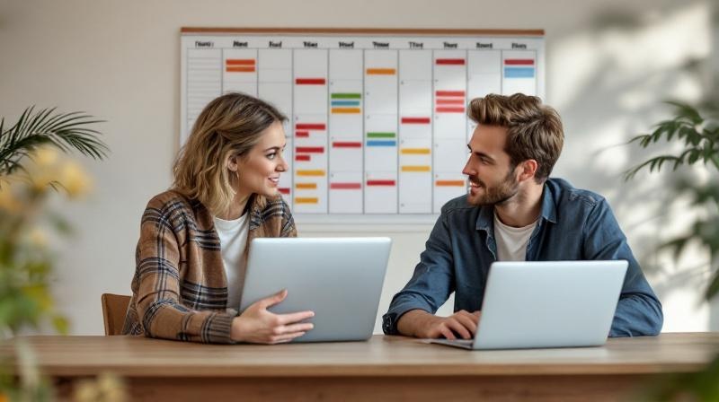 Paar sitzt mit Wandkalender und zwei Laptops am Esstisch, plant gemeinsam Termine