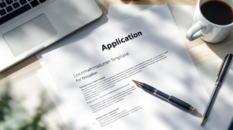 Bewerbungsunterlagen auf einem Schreibtisch mit Notebook und Stift