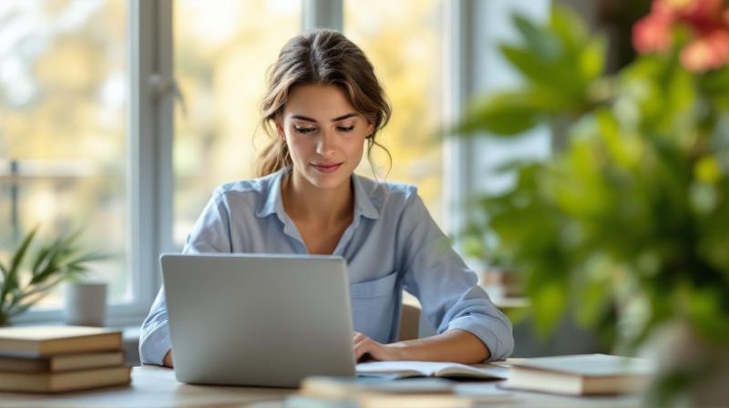 Selbstständige Person sitzt mit Laptop und Notizblock in hellem Büro, recherchiert Förderoptionen