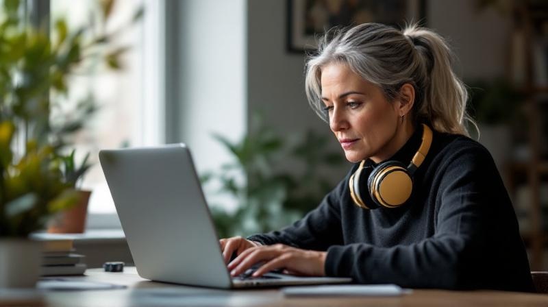 Frau Anfang 50 am Laptop in einem ruhigen Arbeitszimmer, prüft Online-Einstellungen