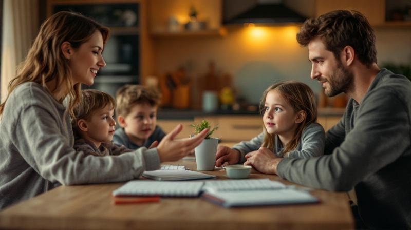 Familie am Esstisch spricht miteinander, Kalender und Notizbuch auf dem Tisch