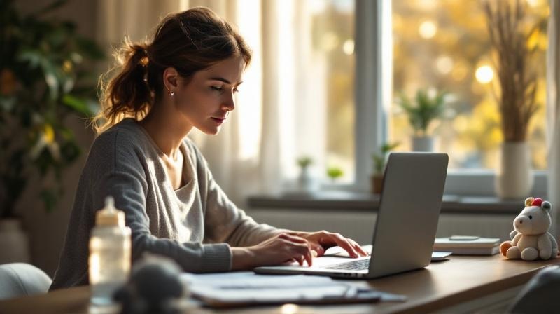 Frau plant am Schreibtisch mit Notizen, Kalender und Laptop, Babyflasche im Hintergrund