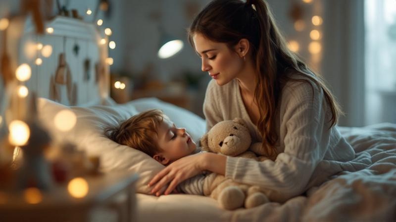 Kleines Kind schläft mit Kuscheltier im Bett, Mutter deckt zu