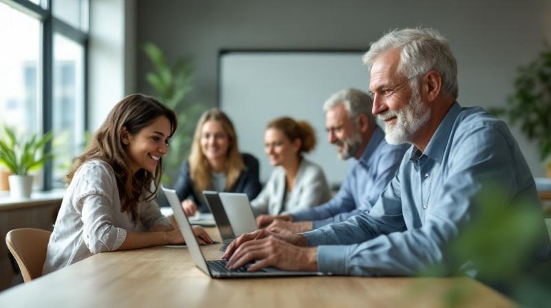 Gemischte Gruppe Erwachsener in einem hellen Seminarraum, mittleres bis höheres Alter, konzentrierte Gesichter an Laptops