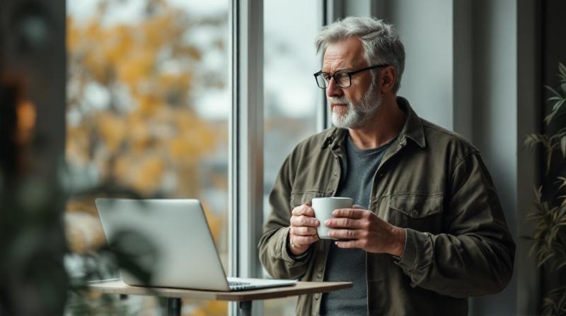 Mann vor Fenster mit Kaffeetasse, überlegt, Laptop aufgeklappt auf Stehtisch