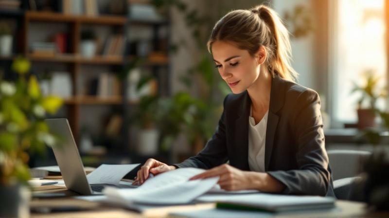 Frau im Home-Office sortiert Formulare und Dokumente am Schreibtisch
