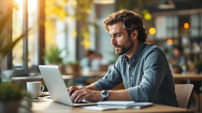 Selbstständiger Mann im Coworking-Space am Laptop, helles Arbeitsumfeld