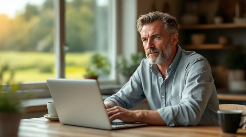 Selbstständiger Handwerker im Home-Office eines ländlichen Hauses mit Laptop und Kaffee