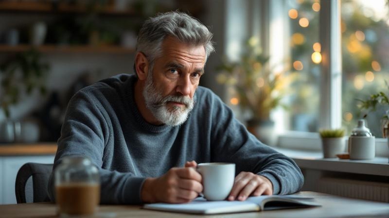 Mann mittleren Alters am Küchentisch mit Tee und Notizblock, nachdenklicher Blick