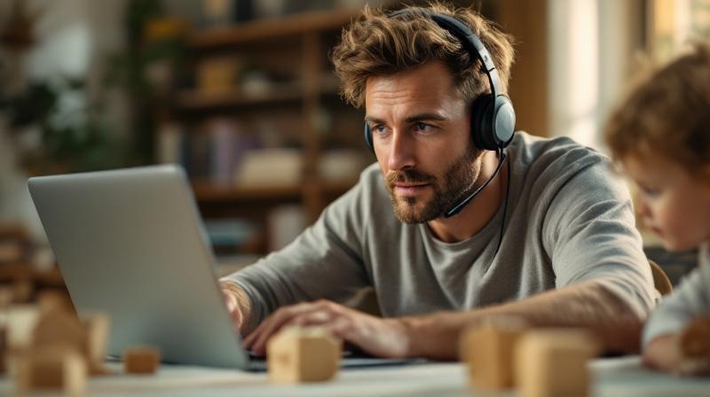 Frau mit Headset an Laptop, Kinderspielzeug auf dem Boden