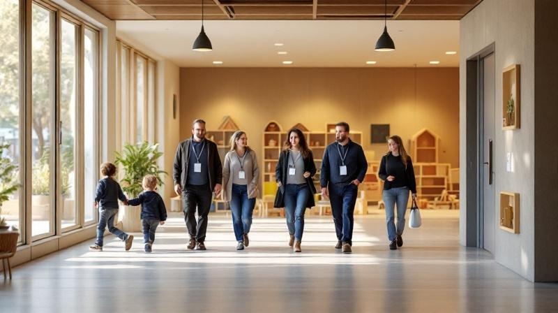 Eingangsbereich eines Bildungszentrums mit Spielecke für Kinder im Hintergrund