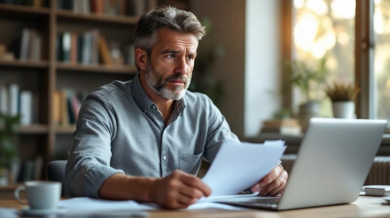 Mann im Homeoffice studiert ein Kündigungsschreiben neben einem Laptop mit Online-Kurs