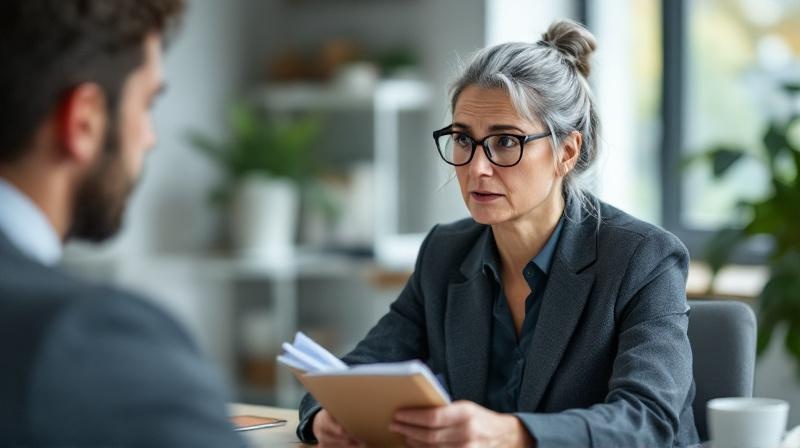 Frau Anfang 50 im neuen Büroumfeld, konzentriert beim Einarbeiten, Kollegen im Hintergrund
