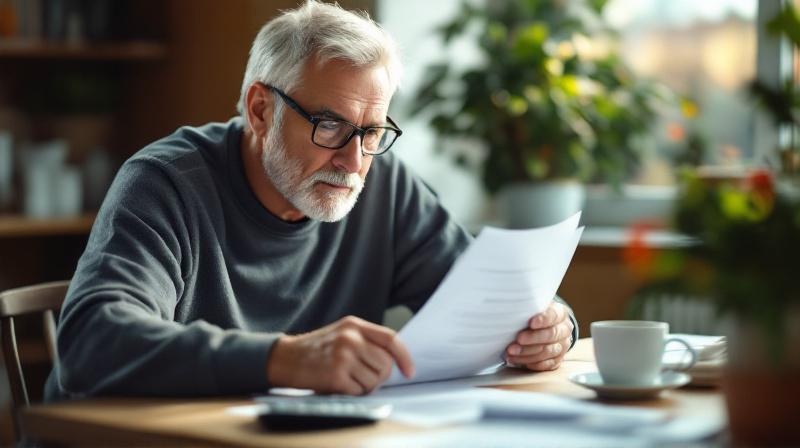 Älterer Mann studiert Rentenunterlagen am Küchentisch, ruhig und sortiert