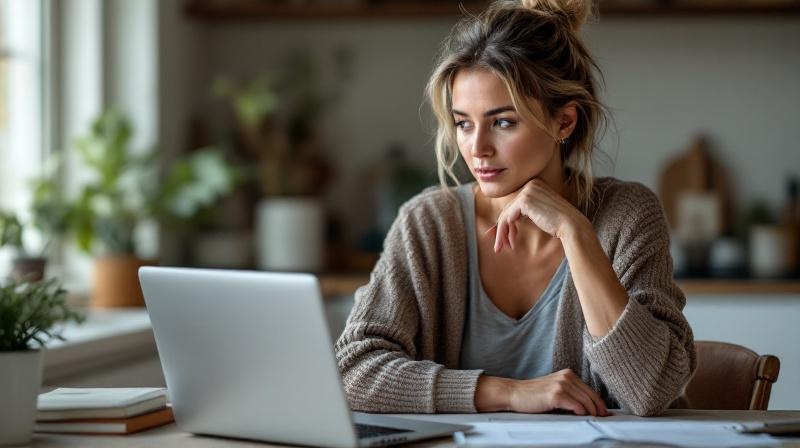 Frau Mitte Vierzig sitzt vor einem Laptop und recherchiert Umschulungsberufe in Ruhe