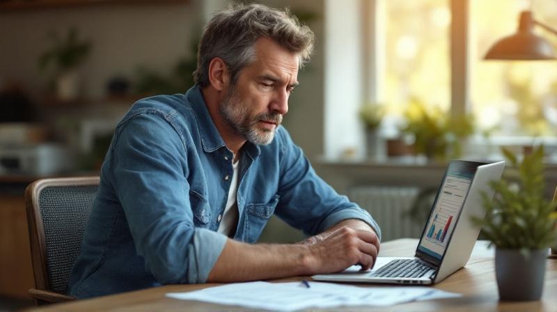 Mann Anfang 50 am Schreibtisch mit aufgeklapptem Laptop und Notizen zu Berufsfeldern