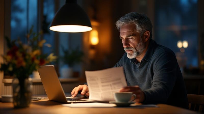 Person lernt abends am Küchentisch mit Laptop und Notizbuch