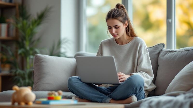 Mutter am Laptop im Wohnzimmer mit Kinderspielzeug im Hintergrund