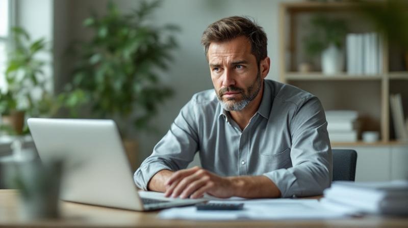Selbstständiger Mann am Schreibtisch mit Laptop, Taschenrechner und Steuerunterlagen