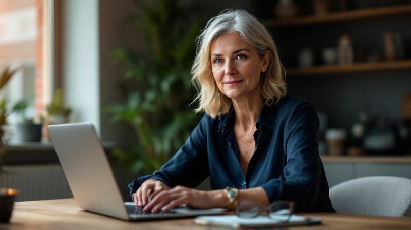 Frau in den 50ern sitzt am Schreibtisch mit Laptop, konzentriert, Tageslicht durchs Fenster