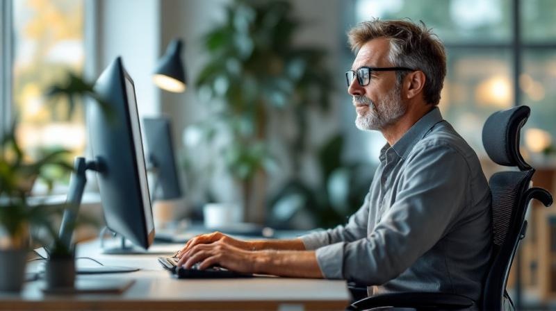 Mann mittleren Alters am Arbeitsplatz mit ergonomischer Ausstattung, ruhig und konzentriert