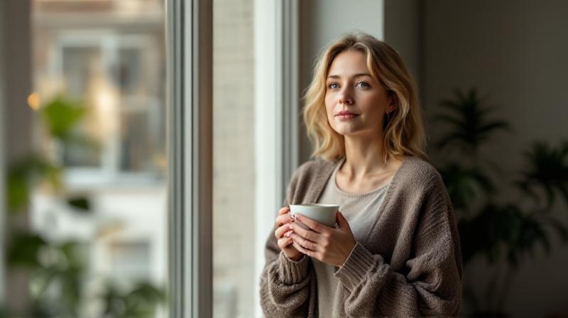 Frau am Fenster mit Tasse Tee, ruhige Lichtstimmung, nachdenklich