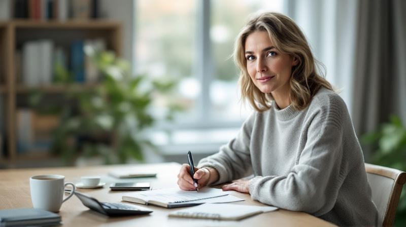 Selbstständige Frau mit Taschenrechner und Notizbuch rechnet Förderung durch