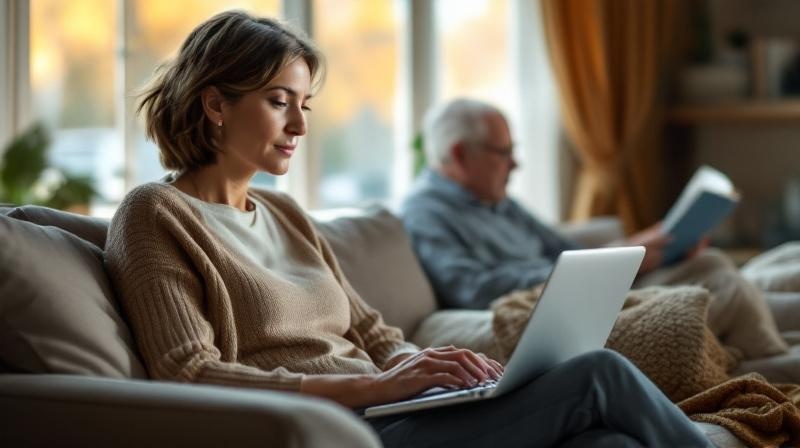 Frau mit Laptop auf dem Sofa, im Hintergrund ein älterer Angehöriger am Fenster