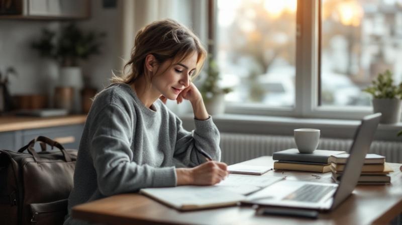 Person mit Rucksack und Büchern plant eine Auszeit am Küchentisch