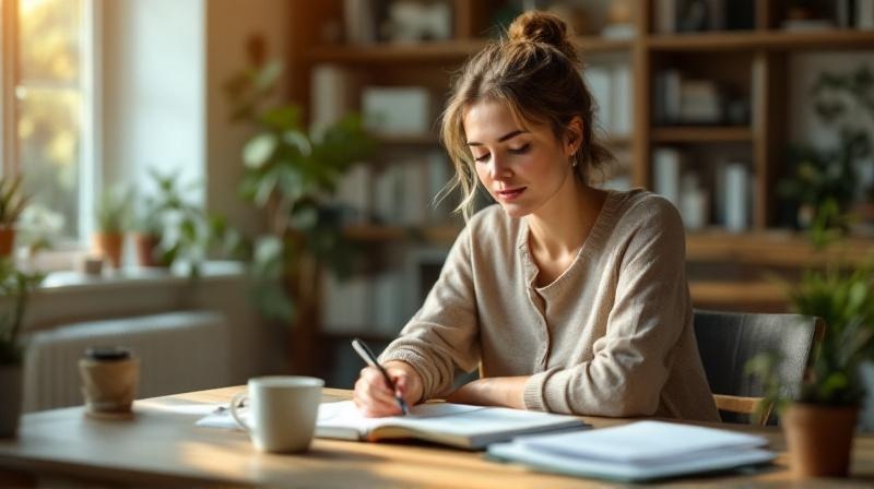Selbstständige Frau im Home-Office am Laptop, Unterlagen und Notizbuch auf dem Schreibtisch