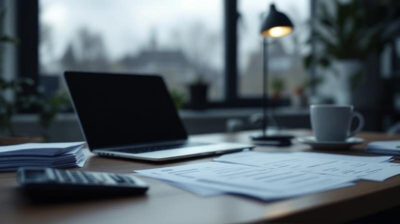 Büro eines Selbstständigen mit Rechnungen und Laptop auf dem Schreibtisch, gedämpfte Stimmung