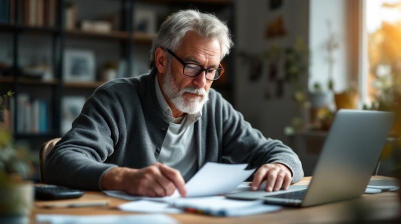 Mann Ende 50 sitzt am Schreibtisch zu Hause, rechnet mit Taschenrechner und Laptop, ruhig und konzentriert