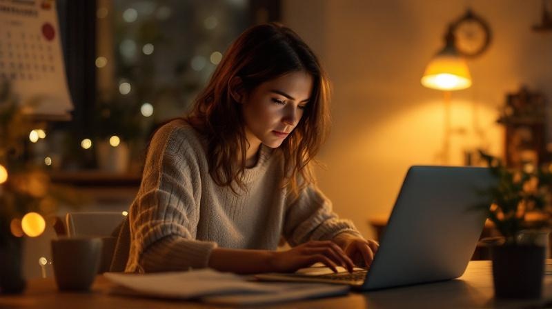 Frau arbeitet abends am Laptop neben einer Tasse Kaffee