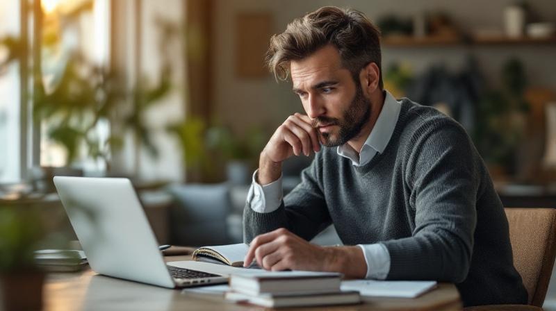 Mann plant am Schreibtisch mit Kalender und Laptop den beruflichen Wechsel und die Weiterbildung davor