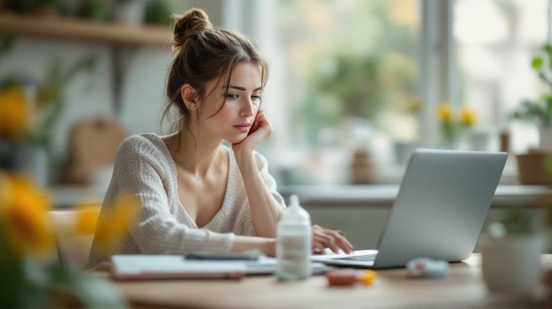 Junge Frau sitzt mit Laptop und Notizbuch am Küchentisch, Babyflasche im Hintergrund