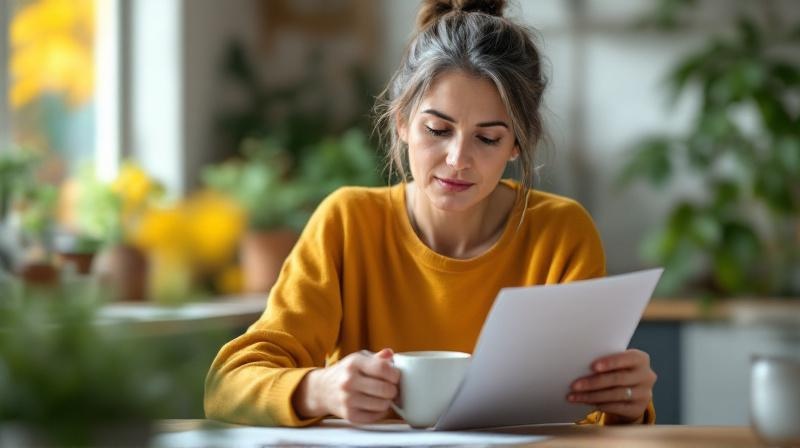 Frau Anfang 50 liest Kursunterlagen an einem Küchentisch mit Kaffeetasse