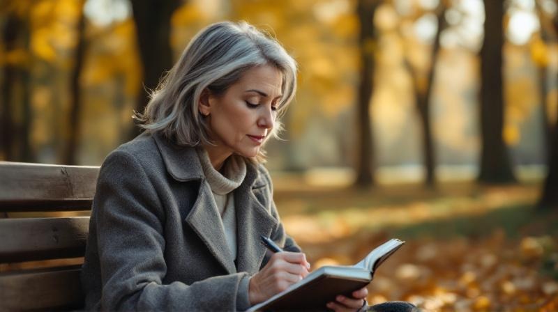 Frau um die 50 auf einer Parkbank mit Notizbuch, denkt über ihre nächsten Schritte nach
