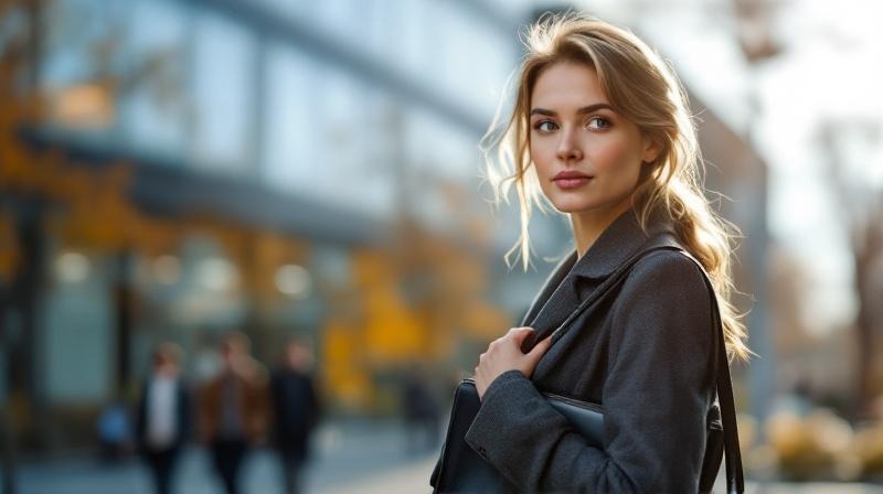 Frau mit Laptoptasche steht vor einem Bürogebäude, Herbstlicht
