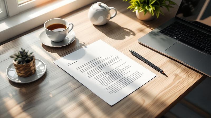 Schreibtisch mit Antragsformular, Stift und Laptop, ruhige Arbeitsatmosphäre